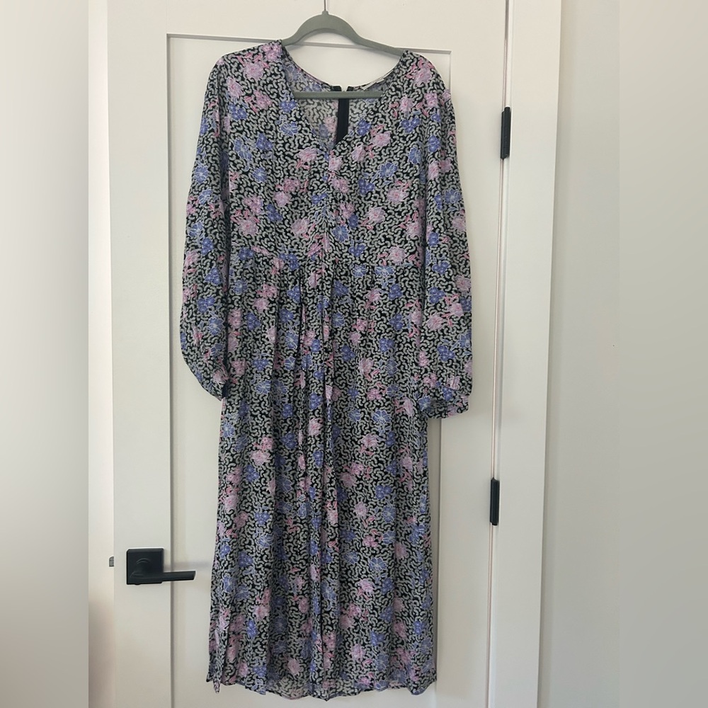 LOFT Long Sleeve Dress with Pink and Purple Floral on Black